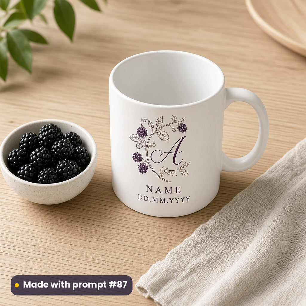White mug printed with a line-art bramble stem around a script letter A above NAME and DD.MM.YYYY placeholder text, beside blackberries, made with prompt #87