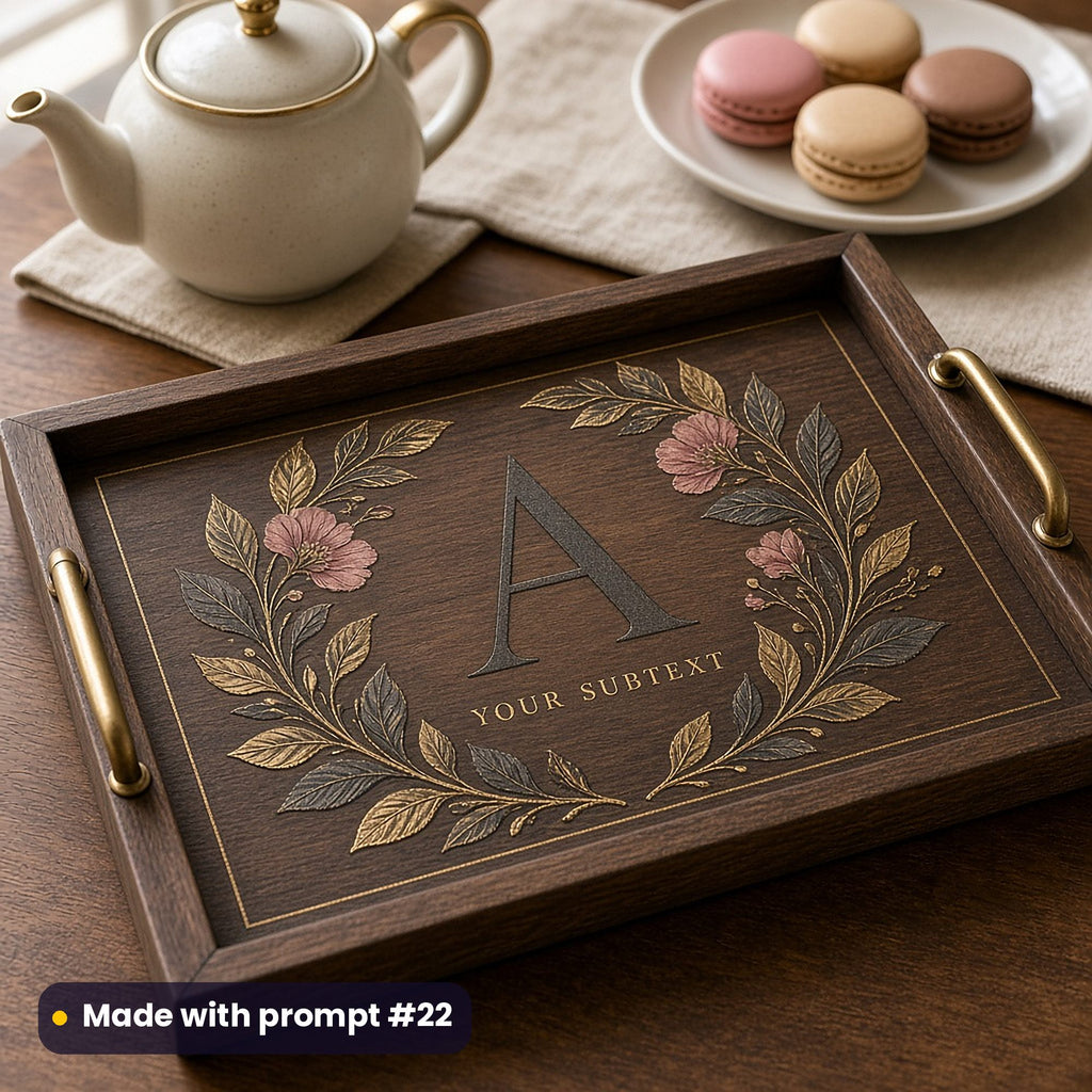 Dark wooden tray printed with gilded leaves and dusky rose blooms around a monogram letter A and YOUR SUBTEXT placeholder text, beside macarons, made with prompt #22