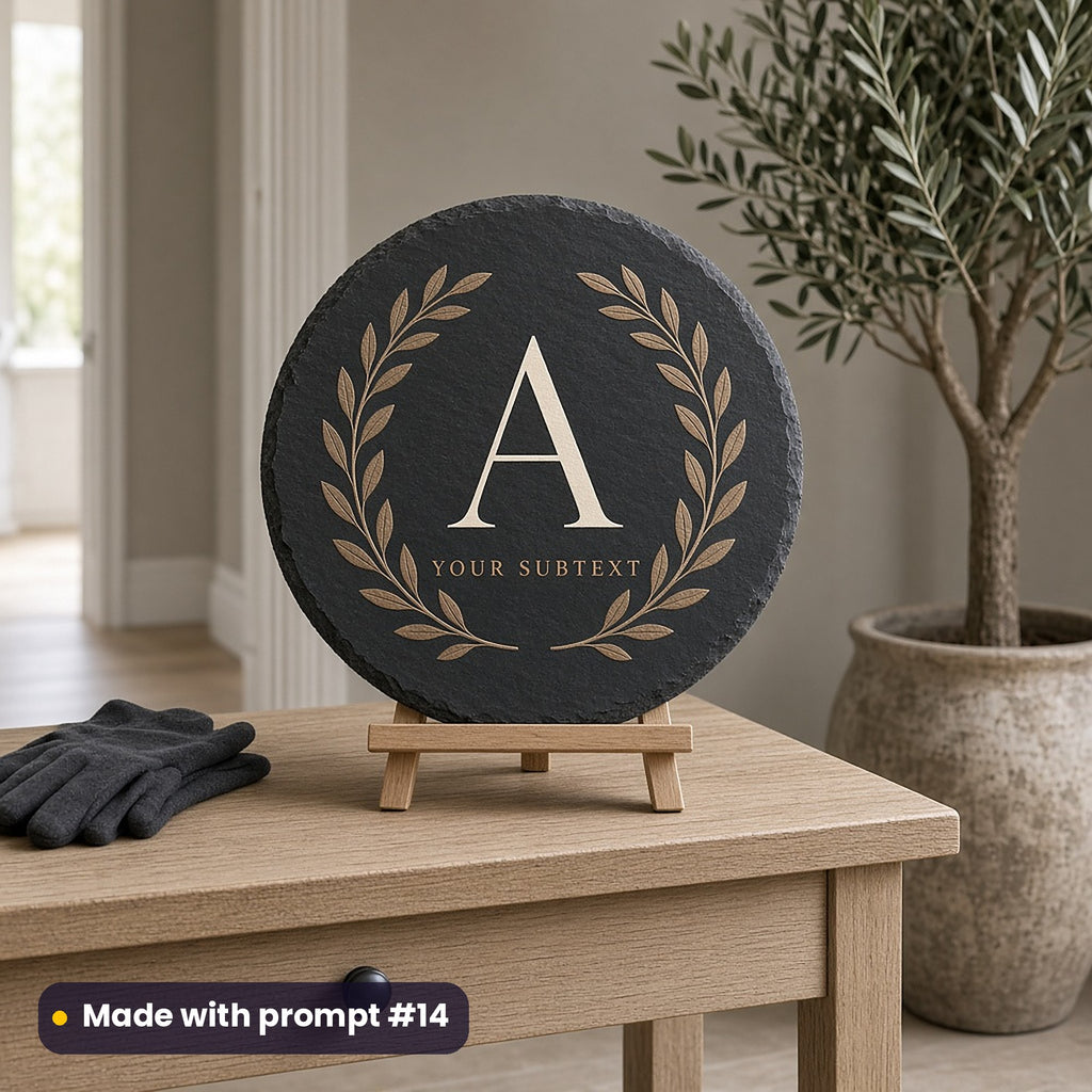 Round slate sign on an easel printed with a laurel wreath around a monogram letter A and YOUR SUBTEXT placeholder text, beside an olive tree, made with prompt #14