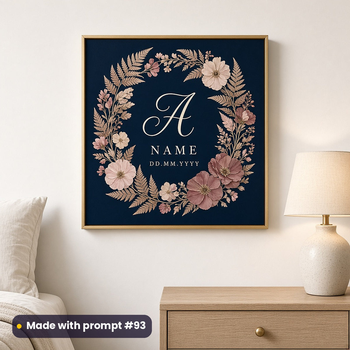 Framed wall art of a pressed flower and fern ring on midnight blue around a script letter A, NAME and DD.MM.YYYY placeholder text, made with prompt #93