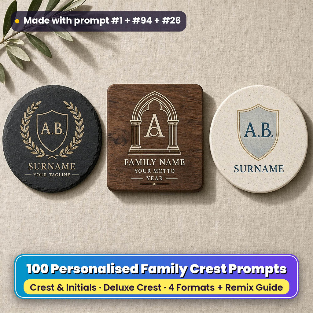 Three personalised family crest coasters on linen: a slate coaster with a gold laurel and plain shield, a walnut coaster with an ivory arch crest and a ceramic coaster with a petrol blue shield, reading A.B., SURNAME, YOUR TAGLINE, A, FAMILY NAME, YOUR MOTTO and YEAR as placeholder text, made with prompt #1 + #94 + #26