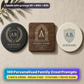 Three personalised family crest coasters on linen: a slate coaster with a gold laurel and plain shield, a walnut coaster with an ivory arch crest and a ceramic coaster with a petrol blue shield, reading A.B., SURNAME, YOUR TAGLINE, A, FAMILY NAME, YOUR MOTTO and YEAR as placeholder text, made with prompt #1 + #94 + #26
