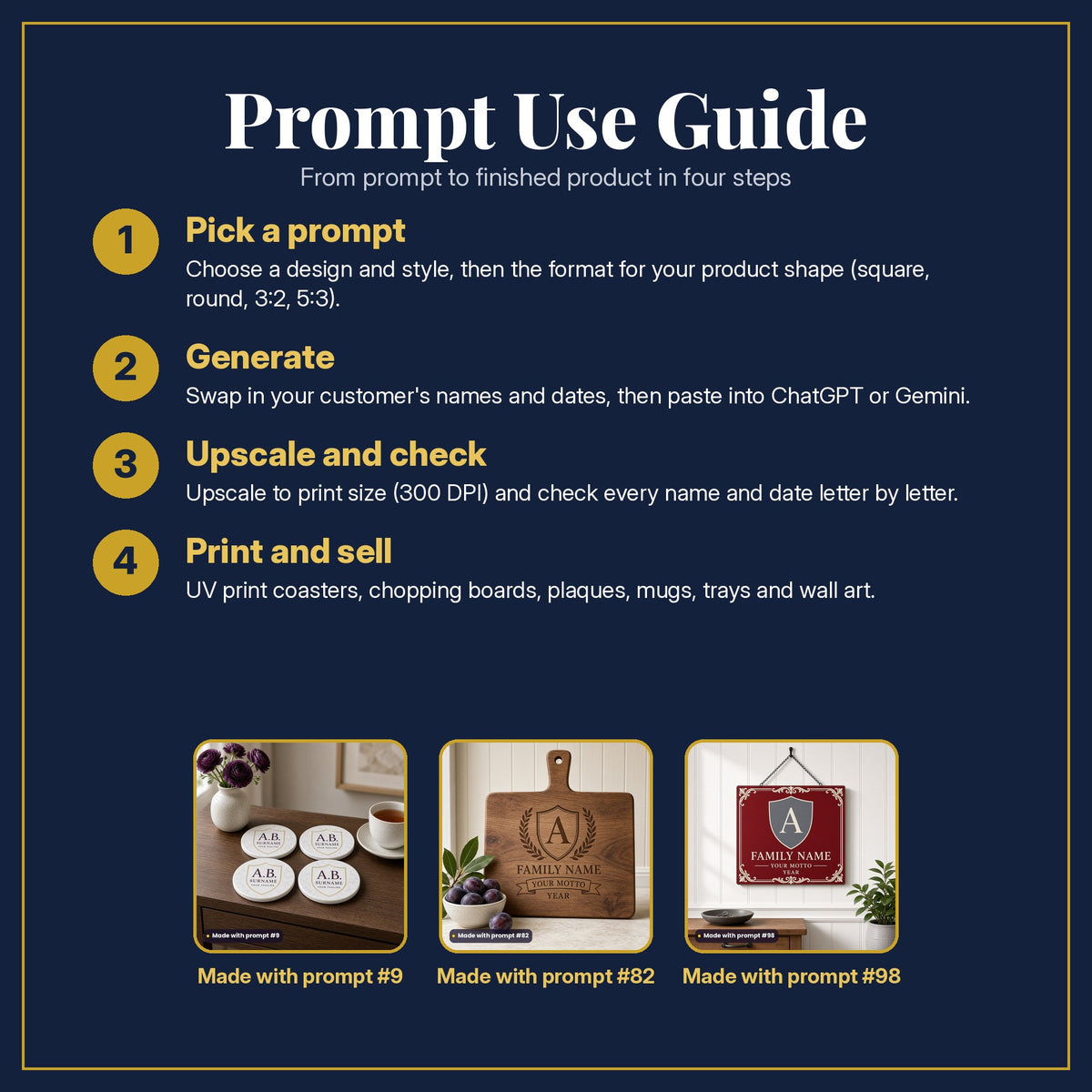 Prompt Use Guide in four steps: pick a prompt, generate, upscale and check, print and sell, with example products made with prompt #9, prompt #82, prompt #98