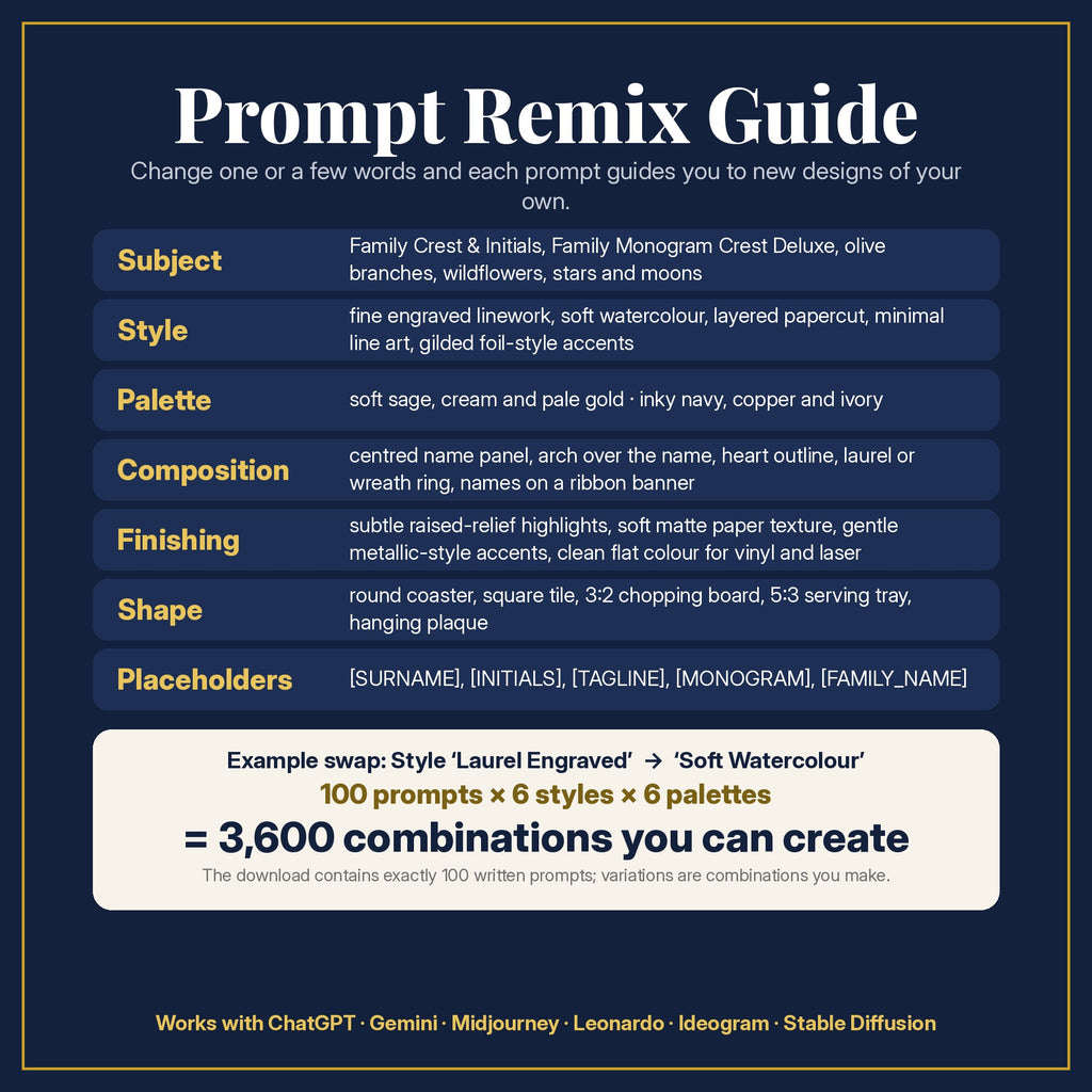 Prompt Remix Guide: change subject, style, palette, composition, finishing, shape and placeholders; 100 prompts × 6 styles × 6 palettes = 3,600 combinations you can create