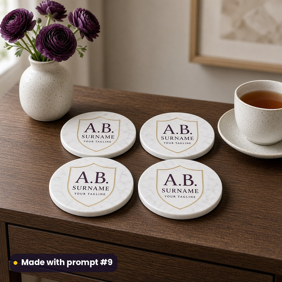 Four round marble-effect coasters with a gold plain shield around A.B., SURNAME and YOUR TAGLINE placeholder text in plum, beside tea and ranunculus, made with prompt #9