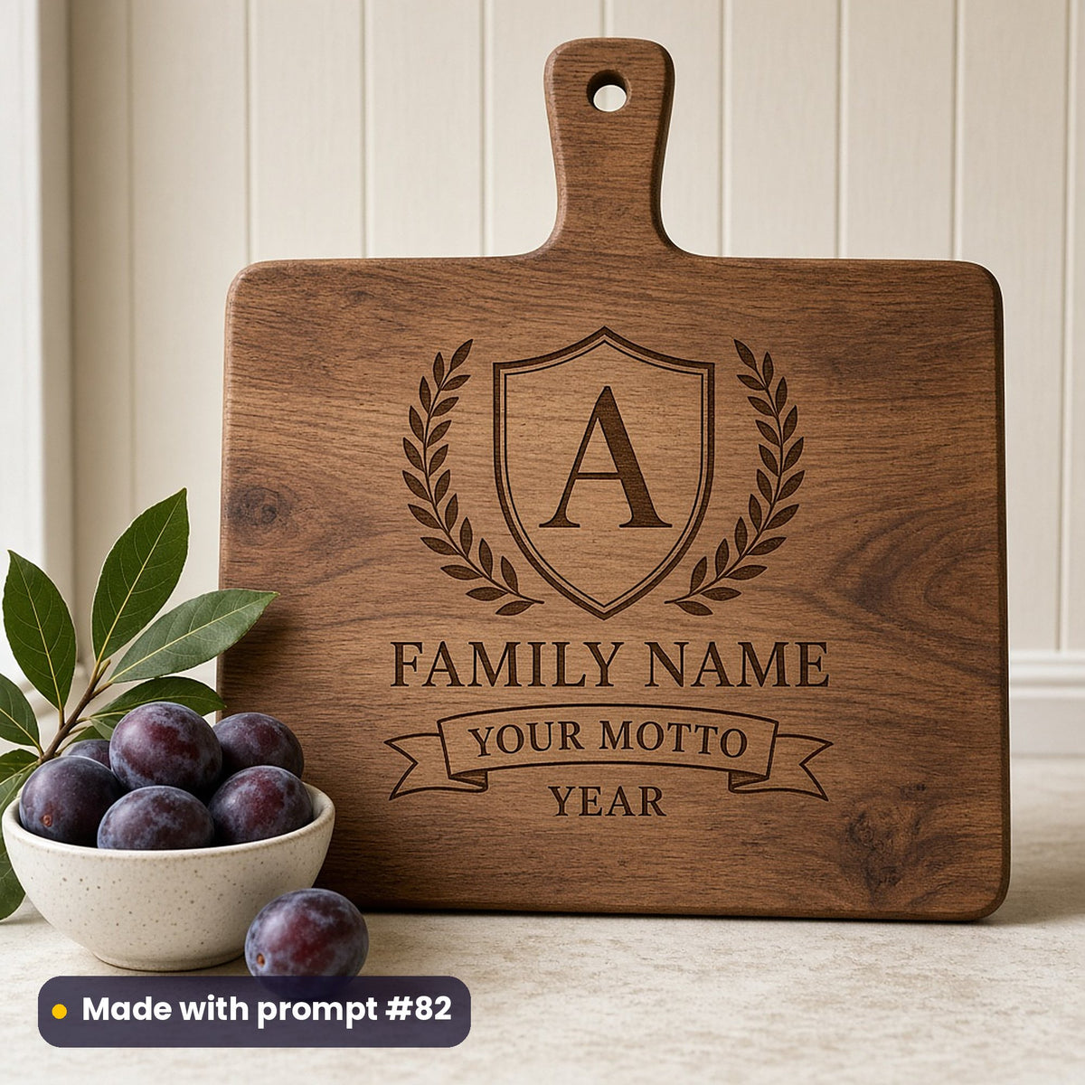 Walnut chopping board engraved with a laurel-framed plain shield and monogram letter A above FAMILY NAME, YOUR MOTTO and YEAR placeholder text, beside plums, made with prompt #82