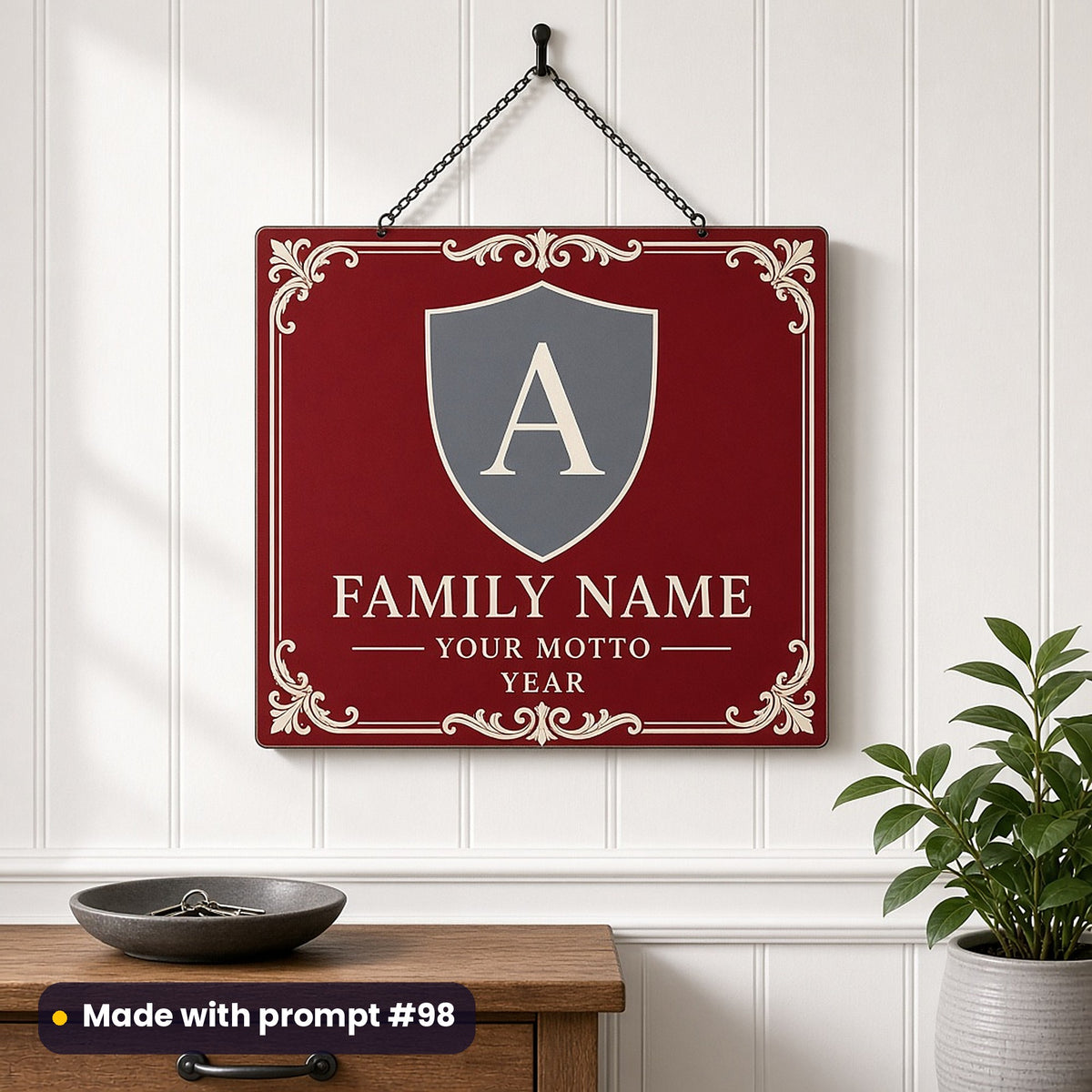 Ruby hanging plaque with an ivory ornamental border and slate shield around a monogram letter A, FAMILY NAME, YOUR MOTTO and YEAR placeholder text, made with prompt #98