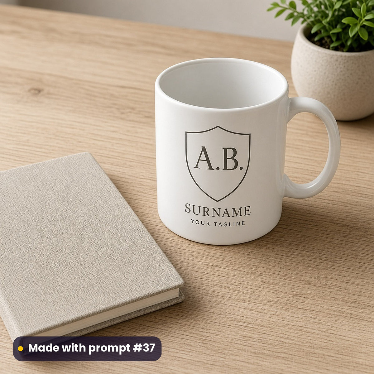 White mug printed with a line-art plain shield around A.B. above SURNAME and YOUR TAGLINE placeholder text, beside a notebook, made with prompt #37