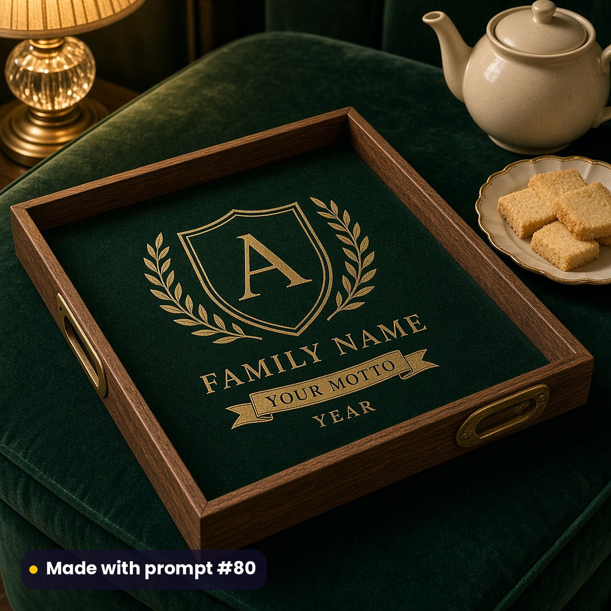 Wooden tray printed in juniper green and brass with a laurel shield, monogram letter A, FAMILY NAME, YOUR MOTTO and YEAR placeholder text, beside shortbread, made with prompt #80