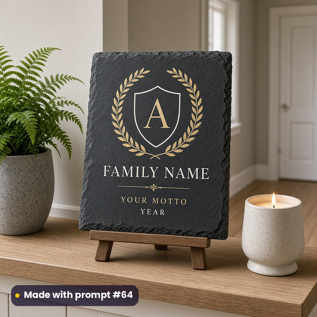 Slate sign on an easel printed in ivory and gold with a laurel shield, monogram letter A, FAMILY NAME, YOUR MOTTO and YEAR placeholder text, made with prompt #64