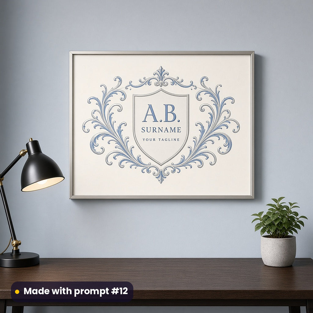 Framed wall art of cornflower blue and silver copperplate flourishes around a shield with A.B., SURNAME and YOUR TAGLINE placeholder text, above a desk, made with prompt #12