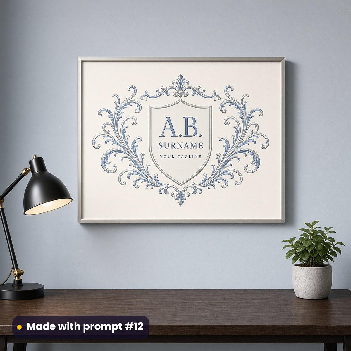 Framed wall art of cornflower blue and silver copperplate flourishes around a shield with A.B., SURNAME and YOUR TAGLINE placeholder text, above a desk, made with prompt #12