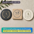Three personalised monogram coasters on linen: a slate coaster with a gold laurel arch, an oak coaster with a navy round badge and a ceramic coaster with a moss green arch, reading A, A.B., SURNAME, EST. YEAR and DD.MM.YYYY as placeholder text, made with prompt #1 + #56 + #24