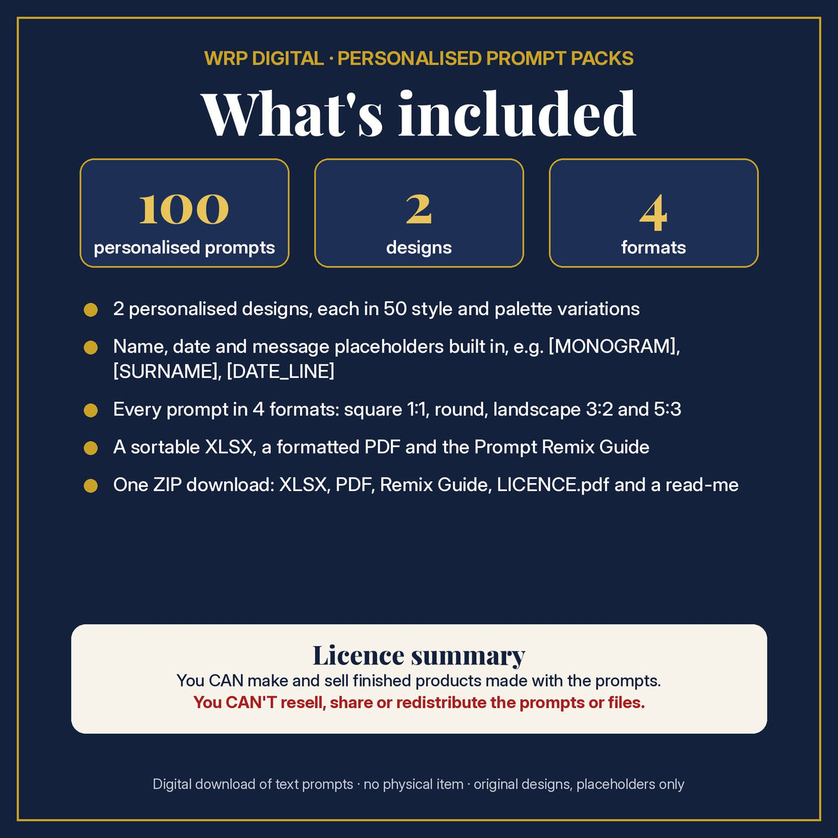 What's included: 100 personalised prompts, 2 designs with name, date and message placeholders, 4 formats (square, round, 3:2, 5:3), XLSX and PDF, Prompt Remix Guide, ZIP, and a licence summary