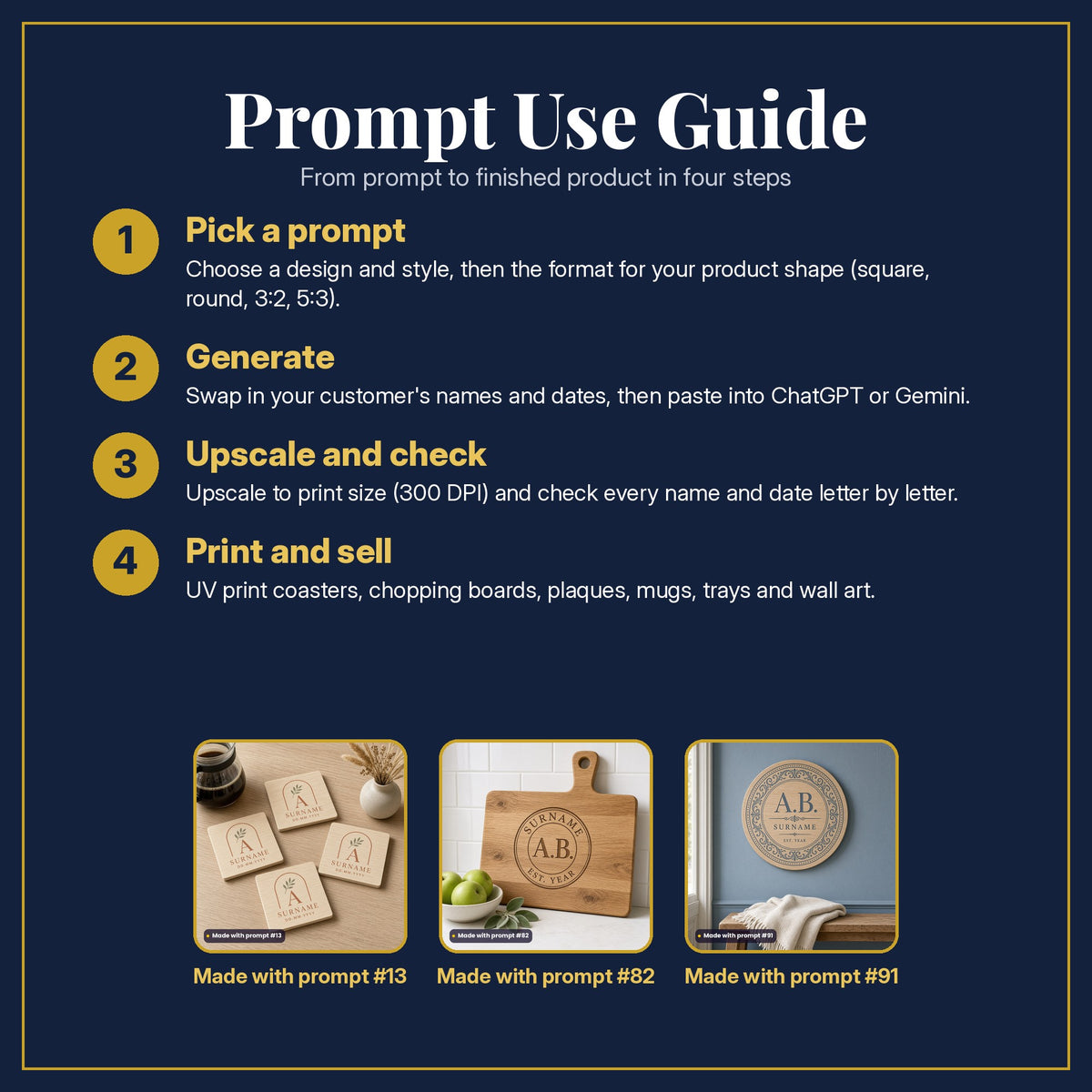 Prompt Use Guide in four steps: pick a prompt, generate, upscale and check, print and sell, with example products made with prompt #13, prompt #82, prompt #91