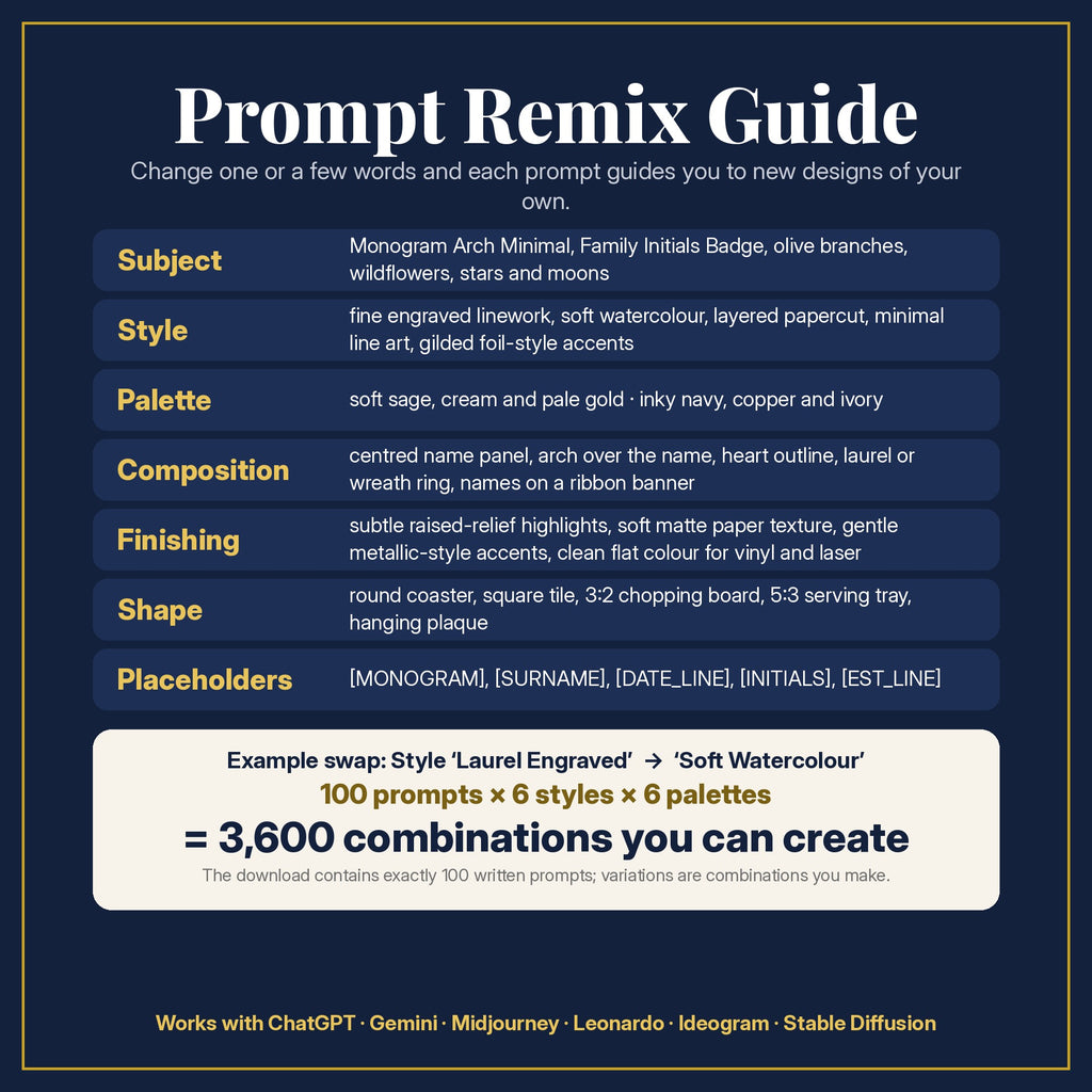 Prompt Remix Guide: change subject, style, palette, composition, finishing, shape and placeholders; 100 prompts × 6 styles × 6 palettes = 3,600 combinations you can create