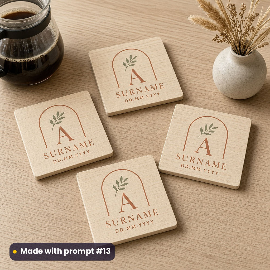Four square beech coasters printed with a terracotta arch and sage sprig around a monogram letter A, SURNAME and DD.MM.YYYY placeholder text, beside coffee, made with prompt #13