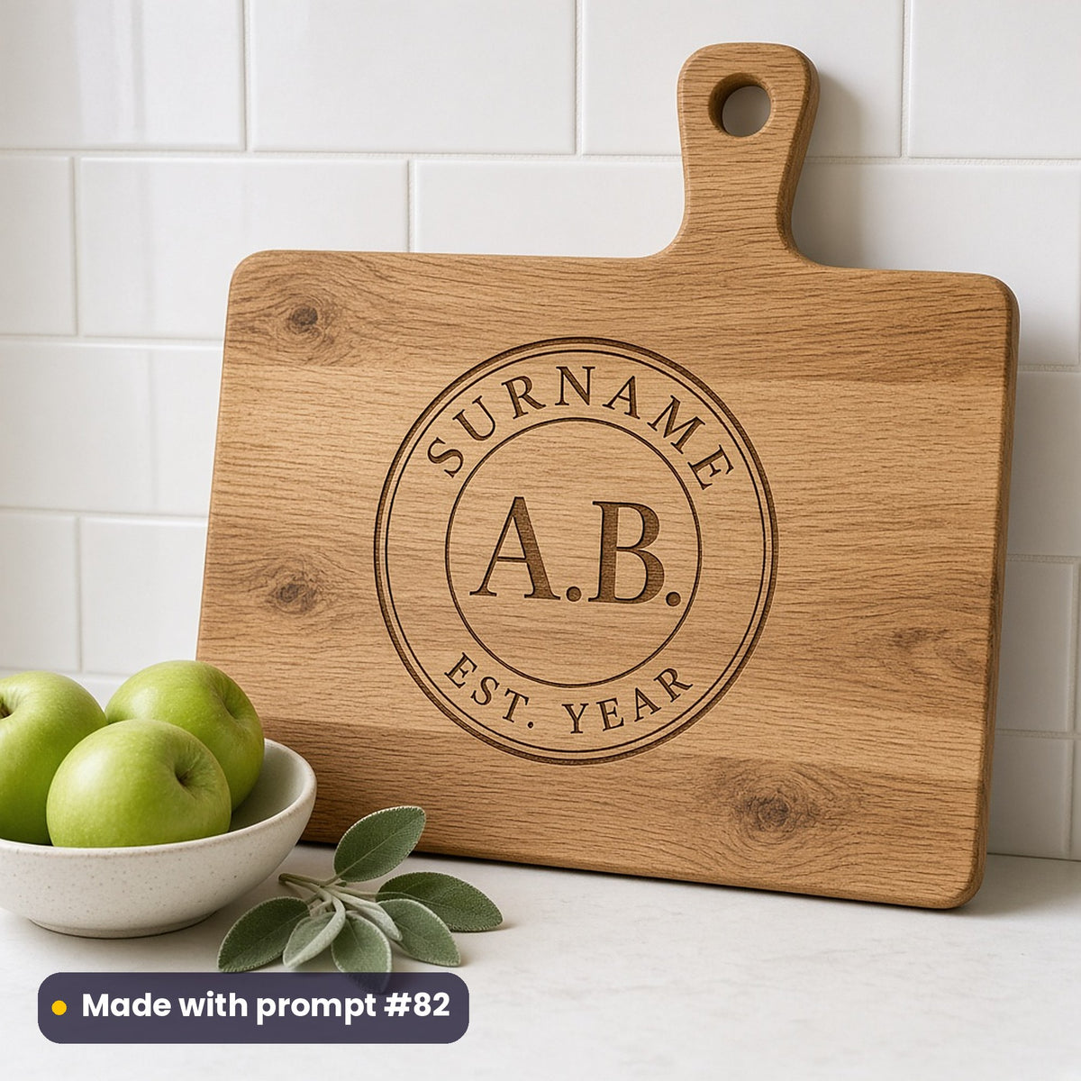 Oak chopping board engraved with a round double-ring badge around A.B., SURNAME and EST. YEAR placeholder text, beside green apples, made with prompt #82