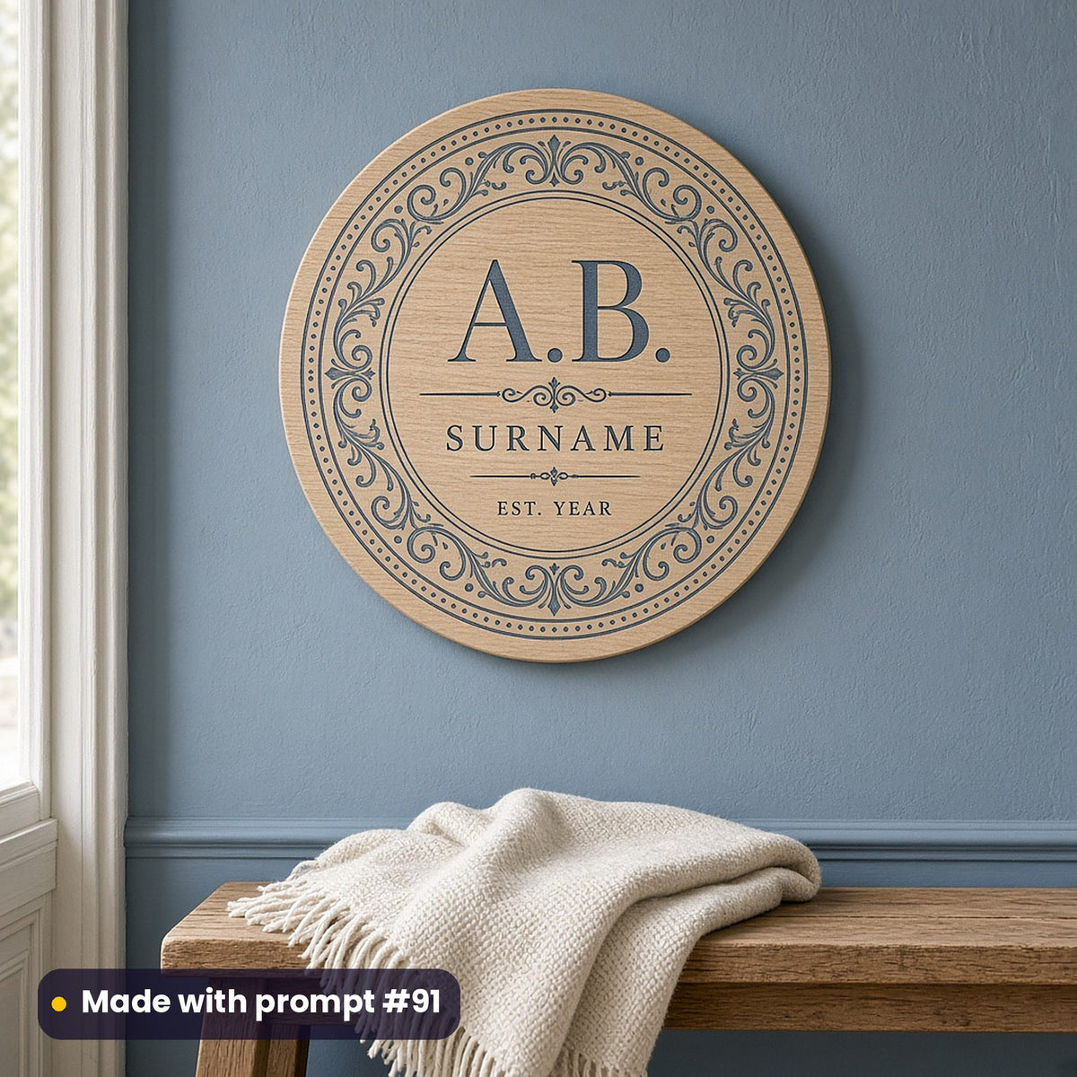 Round oak wall plaque printed with a stone blue decorative circular frame around A.B., SURNAME and EST. YEAR placeholder text, above a bench, made with prompt #91