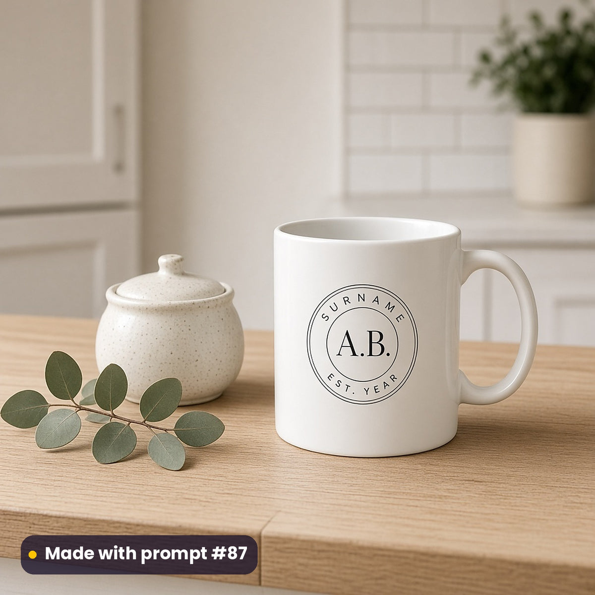 White mug printed with a thin round badge around A.B., SURNAME and EST. YEAR placeholder text, beside a sugar bowl and eucalyptus, made with prompt #87