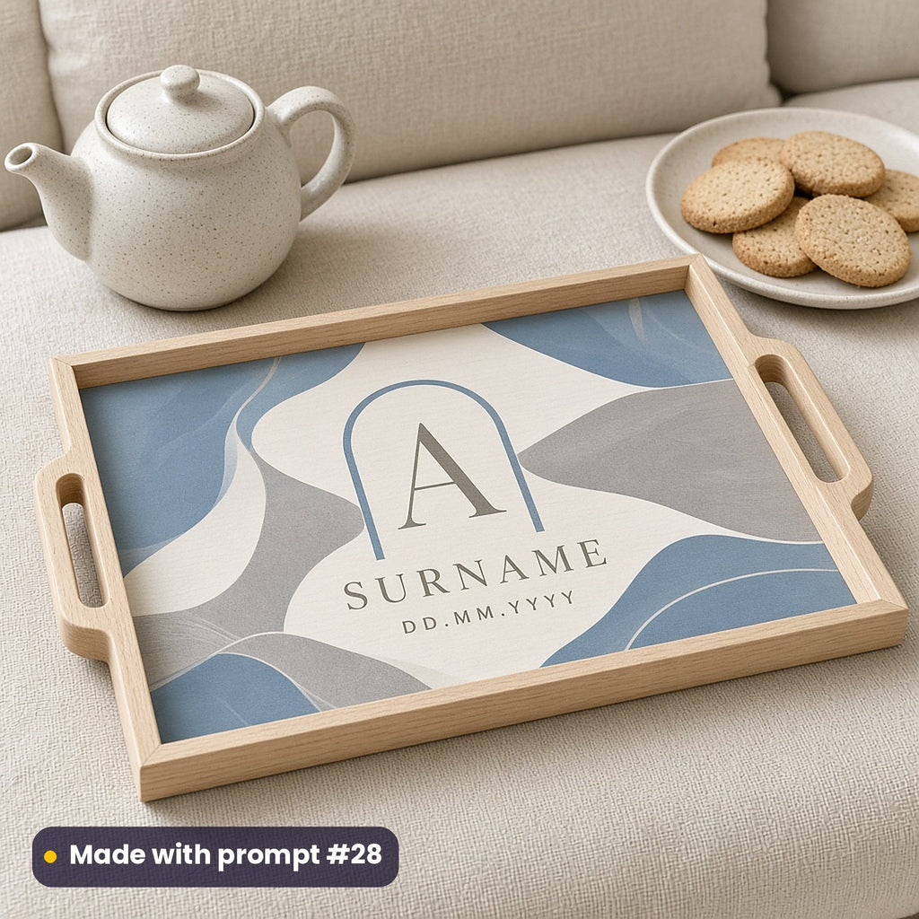 Wooden tray printed with dusty blue organic curves and a minimal arch around a monogram letter A, SURNAME and DD.MM.YYYY placeholder text, made with prompt #28