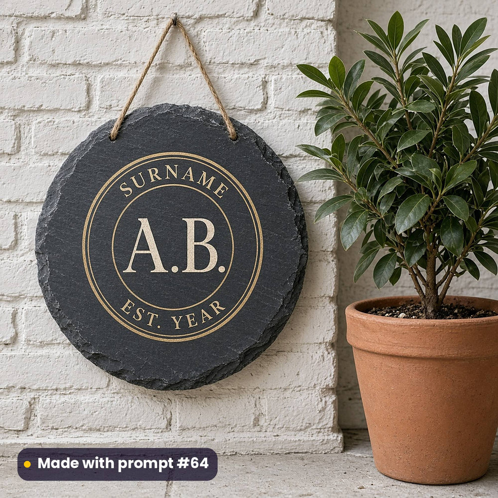 Round slate sign on a jute string printed in ivory and gold with a badge around A.B., SURNAME and EST. YEAR placeholder text, beside a bay tree, made with prompt #64