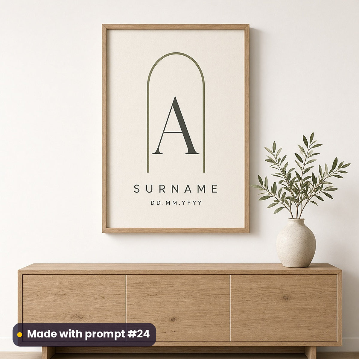 Framed wall art of a moss green minimal arch around a monogram letter A above SURNAME and DD.MM.YYYY placeholder text, above a sideboard, made with prompt #24