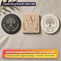 Three personalised family coasters on linen: a slate coaster with a gold tree in a laurel circle, an oak coaster with a terracotta monogram and a ceramic coaster with a green tree circle, reading FAMILY NAME, GENERATION LINE, A, NAME, DD.MM.YYYY and YOUR MESSAGE as placeholder text, made with prompt #1 + #63 + #10