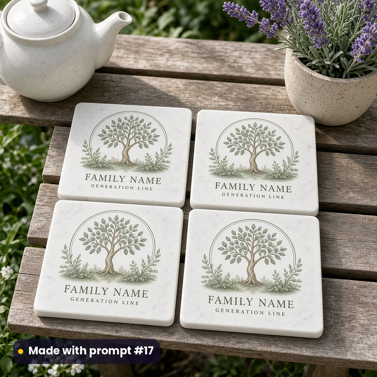 Four square stone coasters printed with a eucalyptus green tree in a circle above FAMILY NAME and GENERATION LINE placeholder text, beside lavender, made with prompt #17