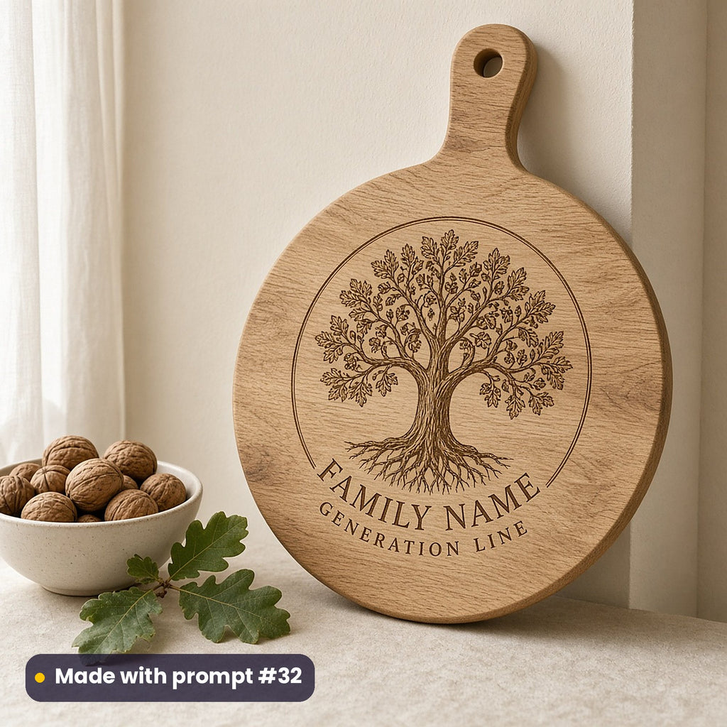 Round oak paddle board engraved with a spreading tree and roots in a circle above FAMILY NAME and GENERATION LINE placeholder text, beside walnuts, made with prompt #32