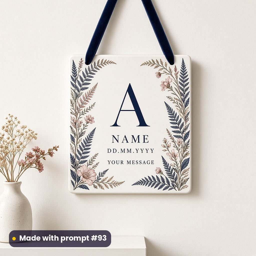 White hanging plaque on a navy ribbon printed with pressed ferns and flowers around a monogram letter A, NAME, DD.MM.YYYY and YOUR MESSAGE placeholder text, made with prompt #93