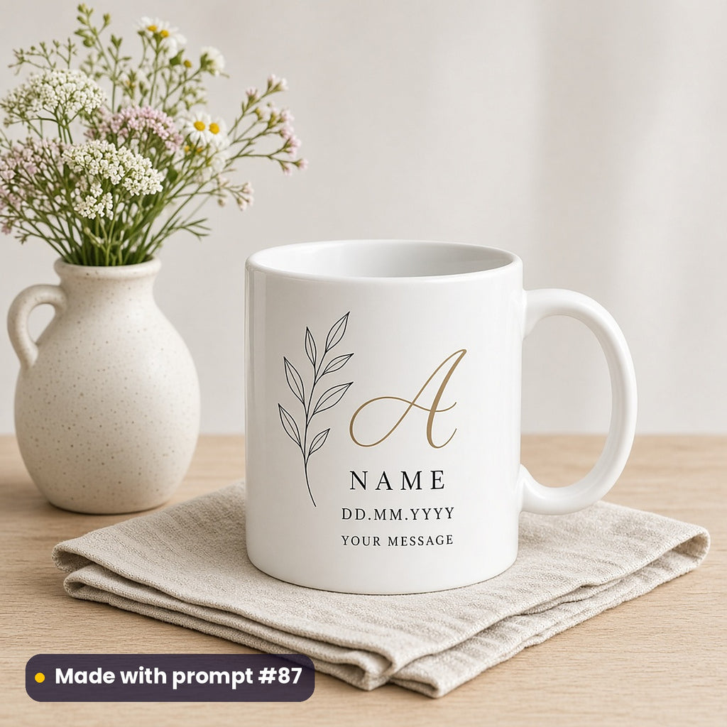 White mug printed with a line-art leaf sprig and gold script letter A above NAME, DD.MM.YYYY and YOUR MESSAGE placeholder text, beside wildflowers, made with prompt #87