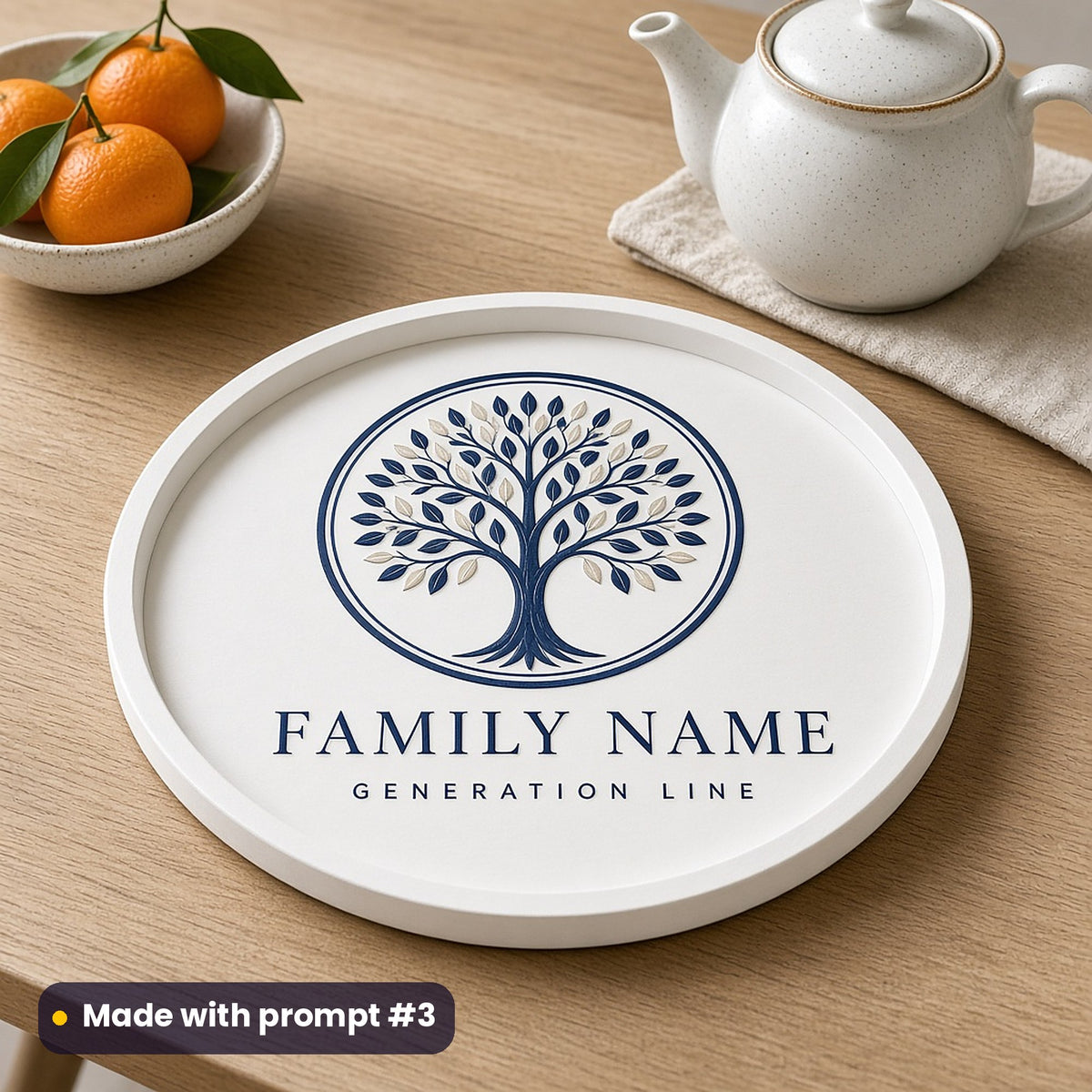 Round white tray printed with a sapphire blue tree in a circle above FAMILY NAME and GENERATION LINE placeholder text, beside clementines, made with prompt #3