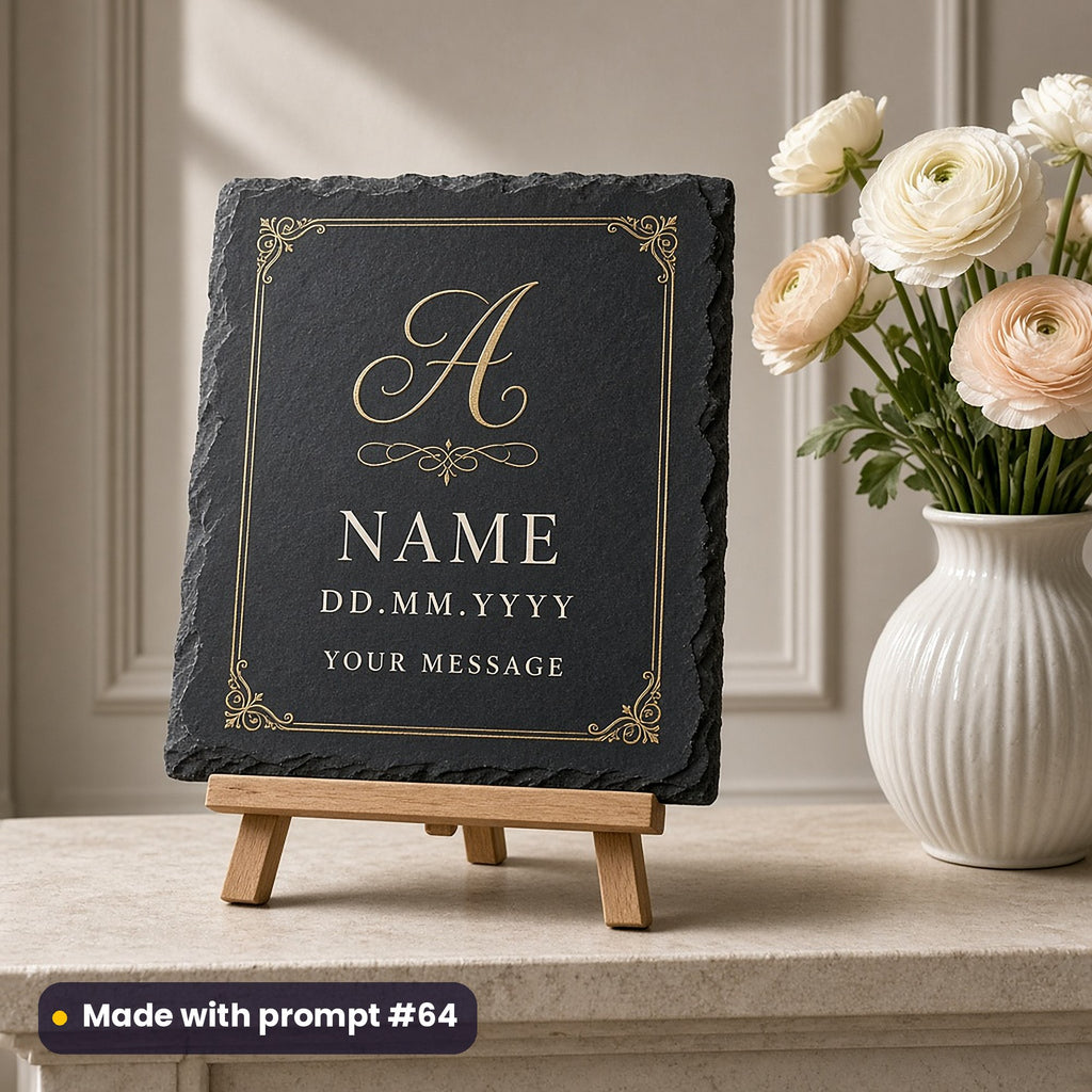 Slate keepsake on an easel printed in ivory and gold with a script letter A, NAME, DD.MM.YYYY and YOUR MESSAGE placeholder text, beside ranunculus, made with prompt #64