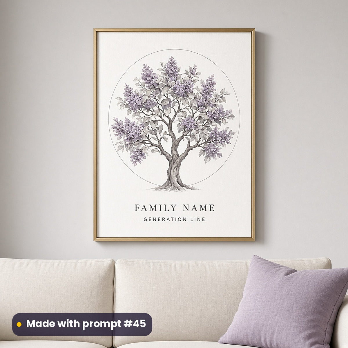 Framed wall art of a painterly lilac-blossom tree in a circle above FAMILY NAME and GENERATION LINE placeholder text, above a sofa, made with prompt #45