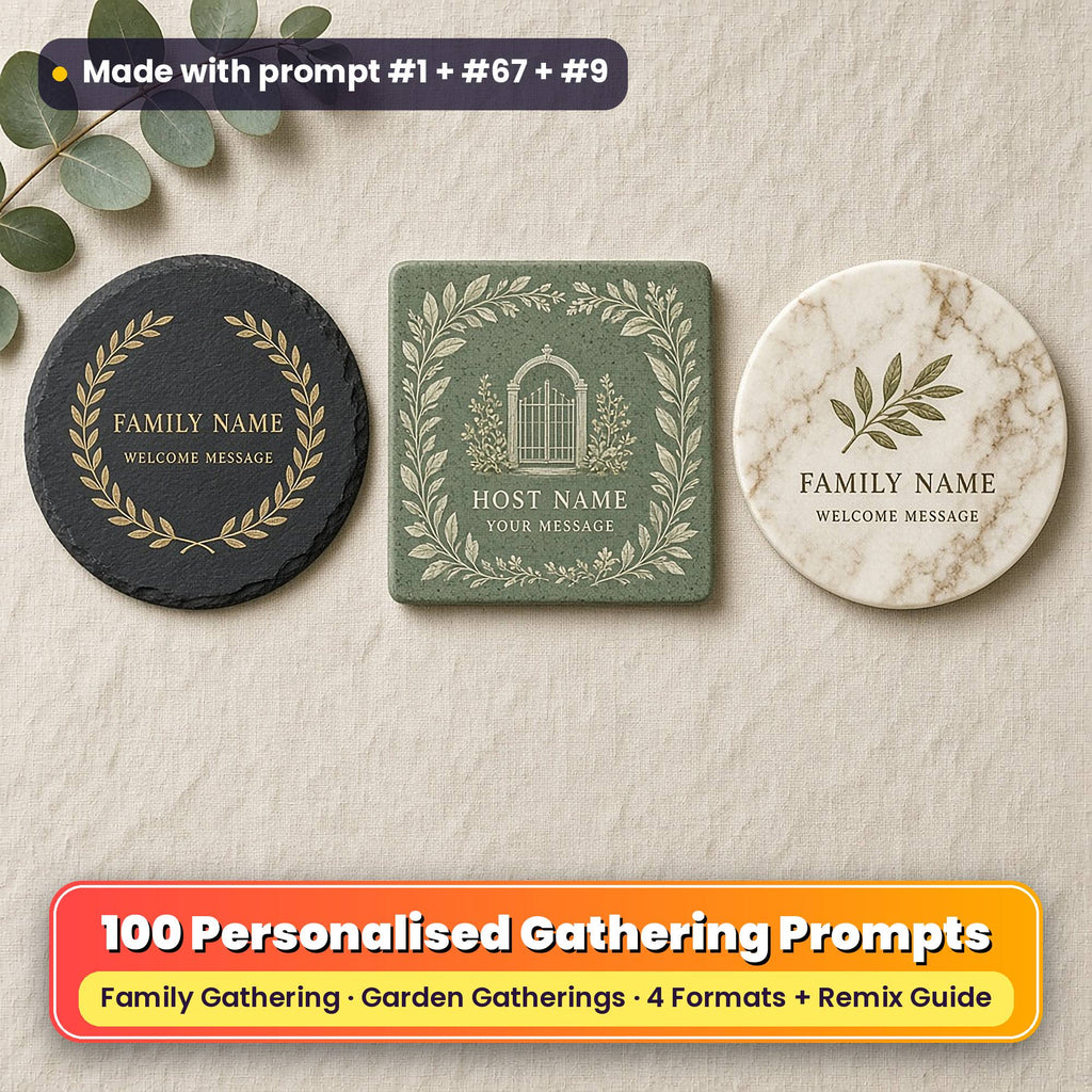 Three personalised gathering coasters on linen: a slate coaster with a gold laurel wreath, a green square coaster with a leaf border and garden gate motif and a marble-effect coaster with an olive sprig, reading FAMILY NAME, WELCOME MESSAGE, HOST NAME and YOUR MESSAGE as placeholder text, made with prompt #1 + #67 + #9