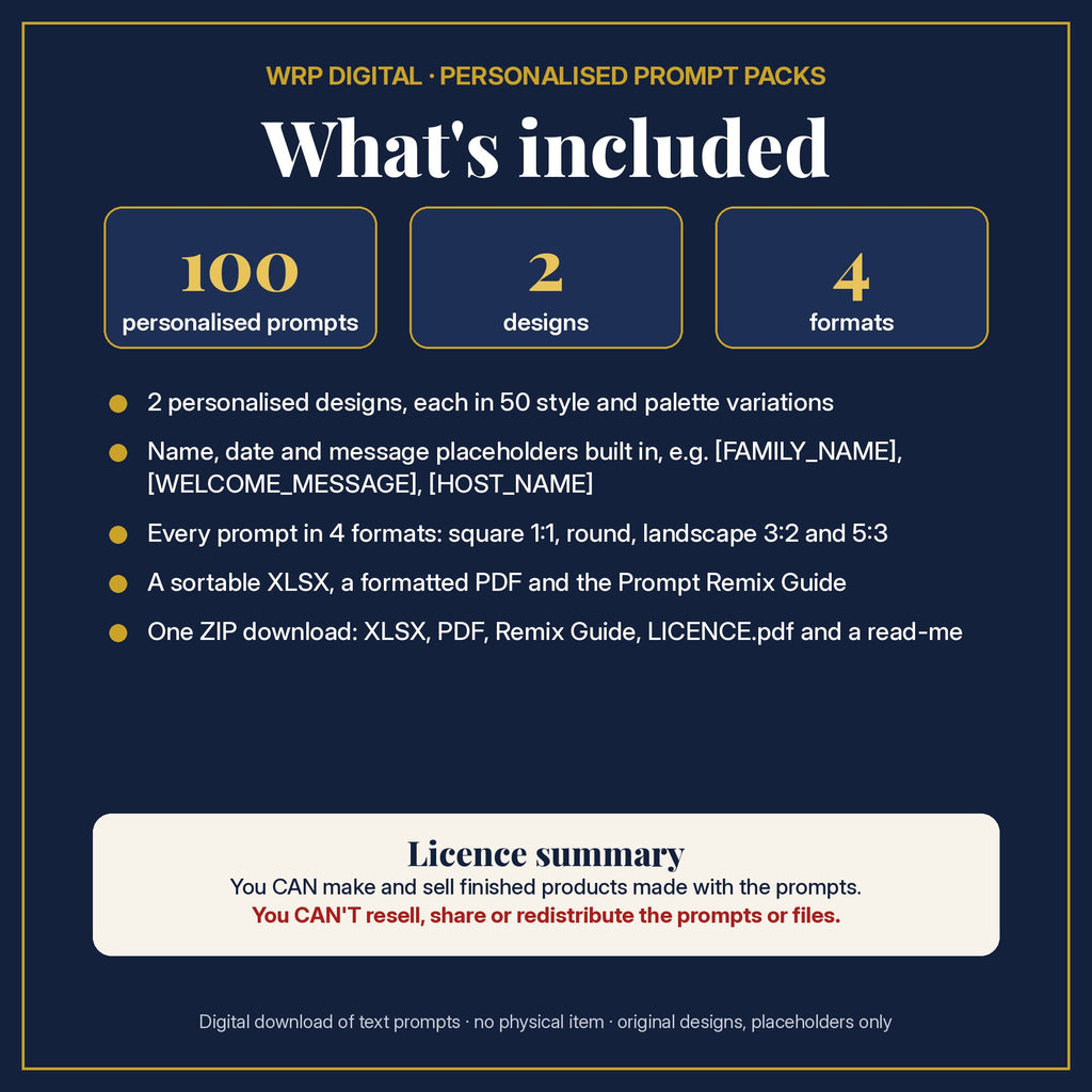 What's included: 100 personalised prompts, 2 designs with name, date and message placeholders, 4 formats (square, round, 3:2, 5:3), XLSX and PDF, Prompt Remix Guide, ZIP, and a licence summary
