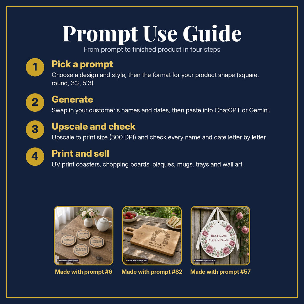 Prompt Use Guide in four steps: pick a prompt, generate, upscale and check, print and sell, with example products made with prompt #6, prompt #82, prompt #57