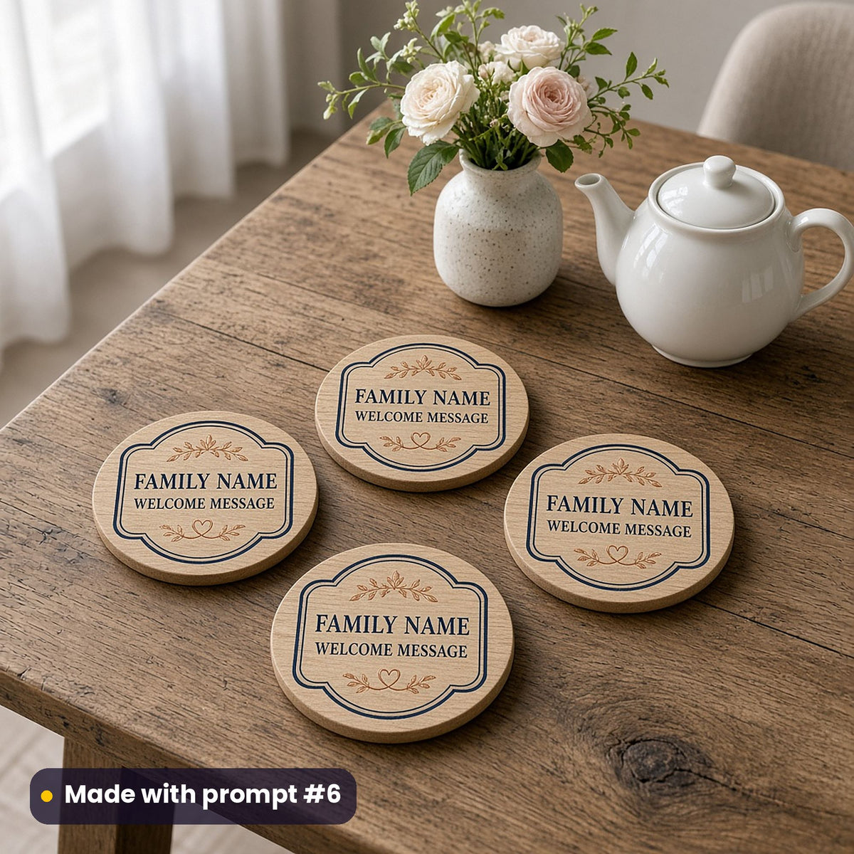 Four round oak coasters printed in navy and copper with a framed FAMILY NAME and WELCOME MESSAGE placeholder text, beside a teapot and garden roses, made with prompt #6