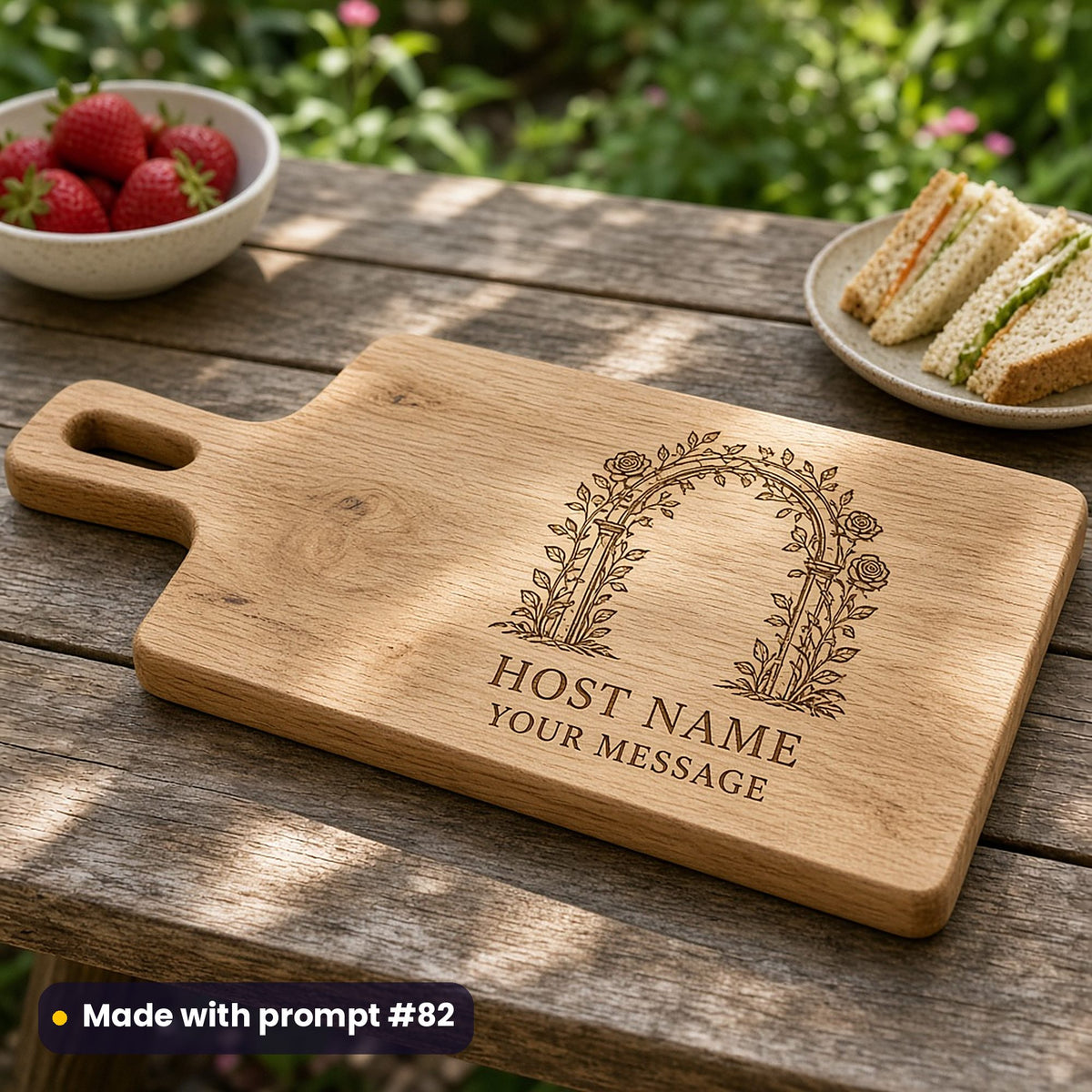 Oak serving board engraved with a rose garden arch above HOST NAME and YOUR MESSAGE placeholder text, on a garden table beside strawberries and sandwiches, made with prompt #82