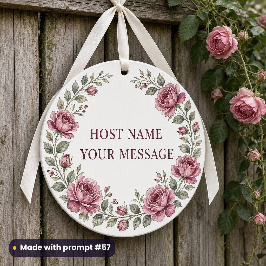 Round white plaque on a cream ribbon printed with burgundy watercolour roses around HOST NAME and YOUR MESSAGE placeholder text, on a garden fence, made with prompt #57