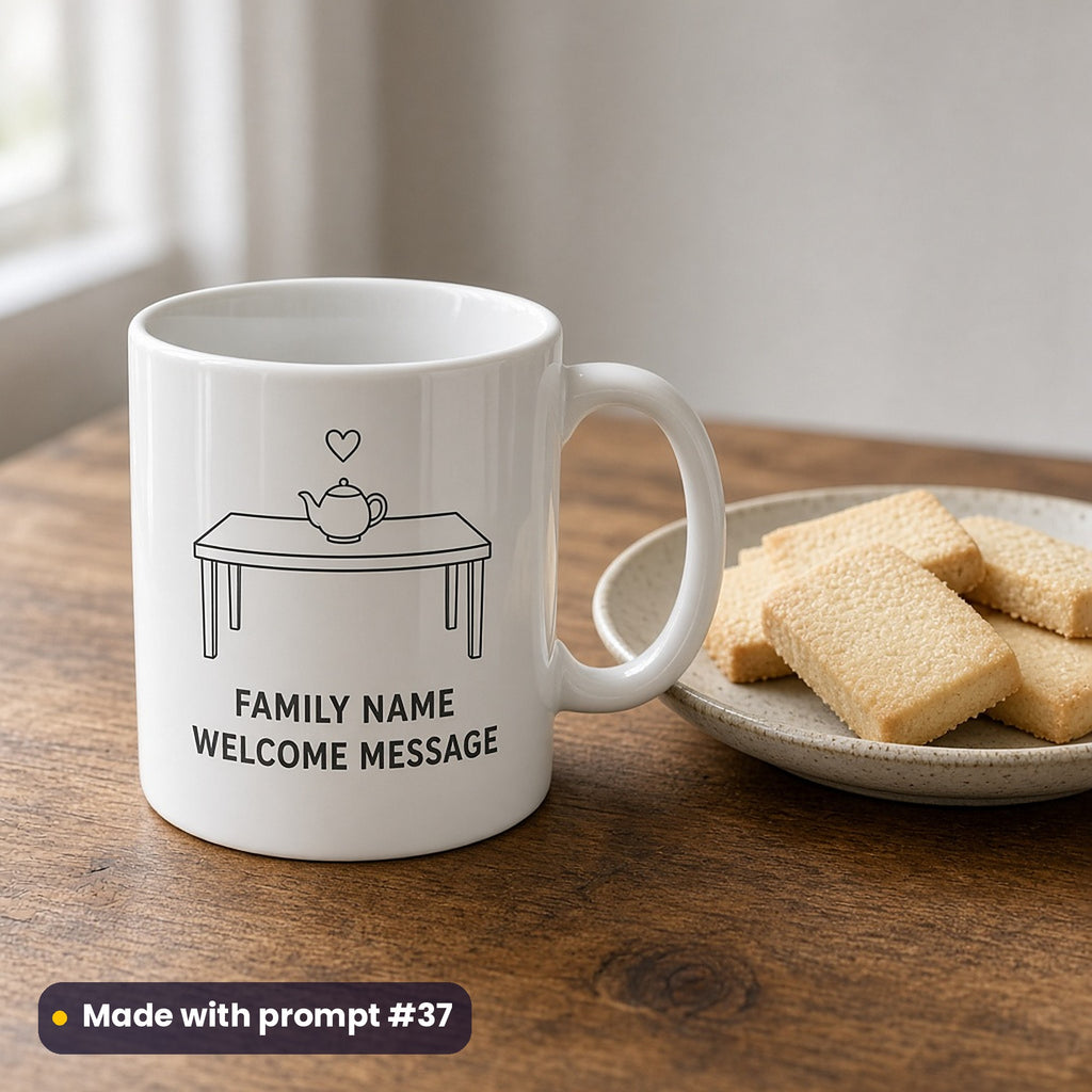 White mug printed with a line-art table, teapot and heart above FAMILY NAME and WELCOME MESSAGE placeholder text, beside shortbread, made with prompt #37