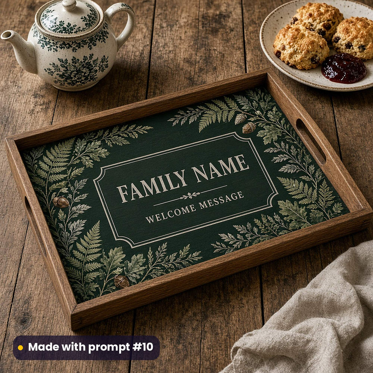Wooden tray printed in forest green with ferns, oak leaves and acorns around FAMILY NAME and WELCOME MESSAGE placeholder text, beside a teapot and scones, made with prompt #10