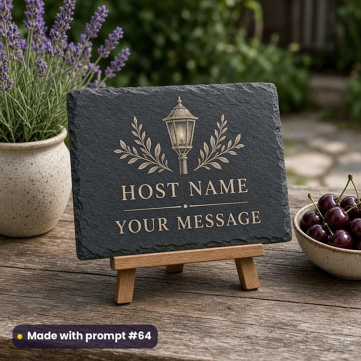 Slate sign on an easel printed in ivory and gold with a garden lantern and leaves above HOST NAME and YOUR MESSAGE placeholder text, beside lavender and cherries, made with prompt #64