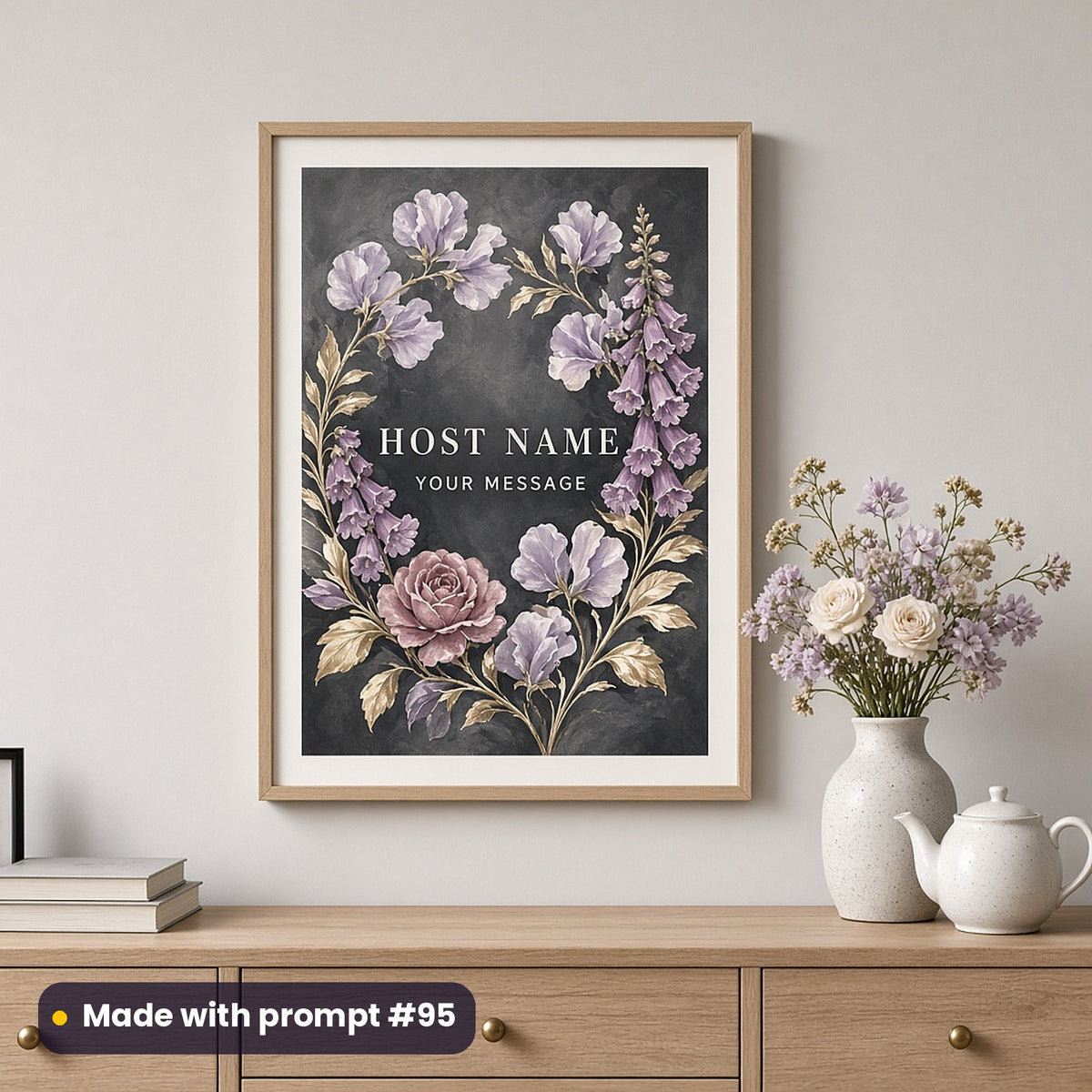 Framed wall art of painterly sweet peas, foxgloves and a rose on charcoal around HOST NAME and YOUR MESSAGE placeholder text, above a sideboard, made with prompt #95