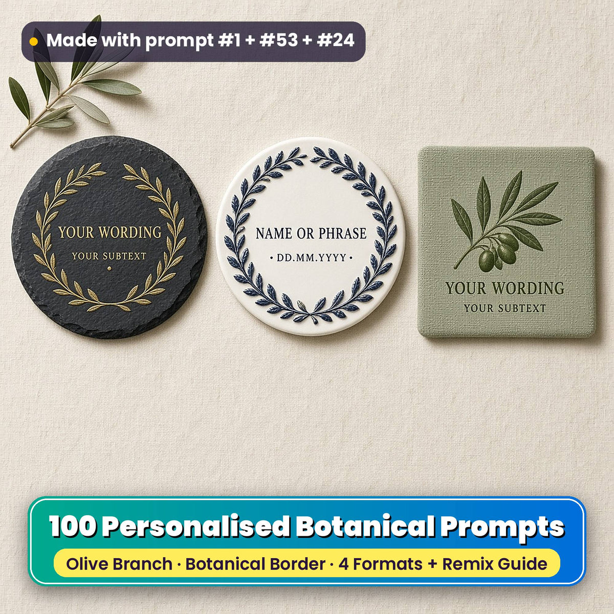 Three personalised botanical coasters on linen: a slate coaster with a gold olive wreath, a white ceramic coaster with a sapphire leaf relief and a moss green square coaster with an olive branch, reading YOUR WORDING, YOUR SUBTEXT, NAME OR PHRASE and DD.MM.YYYY as placeholder text, made with prompt #1 + #53 + #24