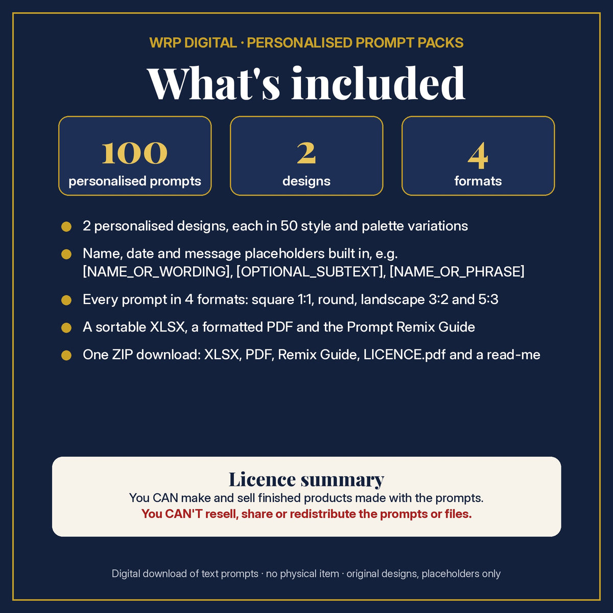 What's included: 100 personalised prompts, 2 designs with name, date and message placeholders, 4 formats (square, round, 3:2, 5:3), XLSX and PDF, Prompt Remix Guide, ZIP, and a licence summary