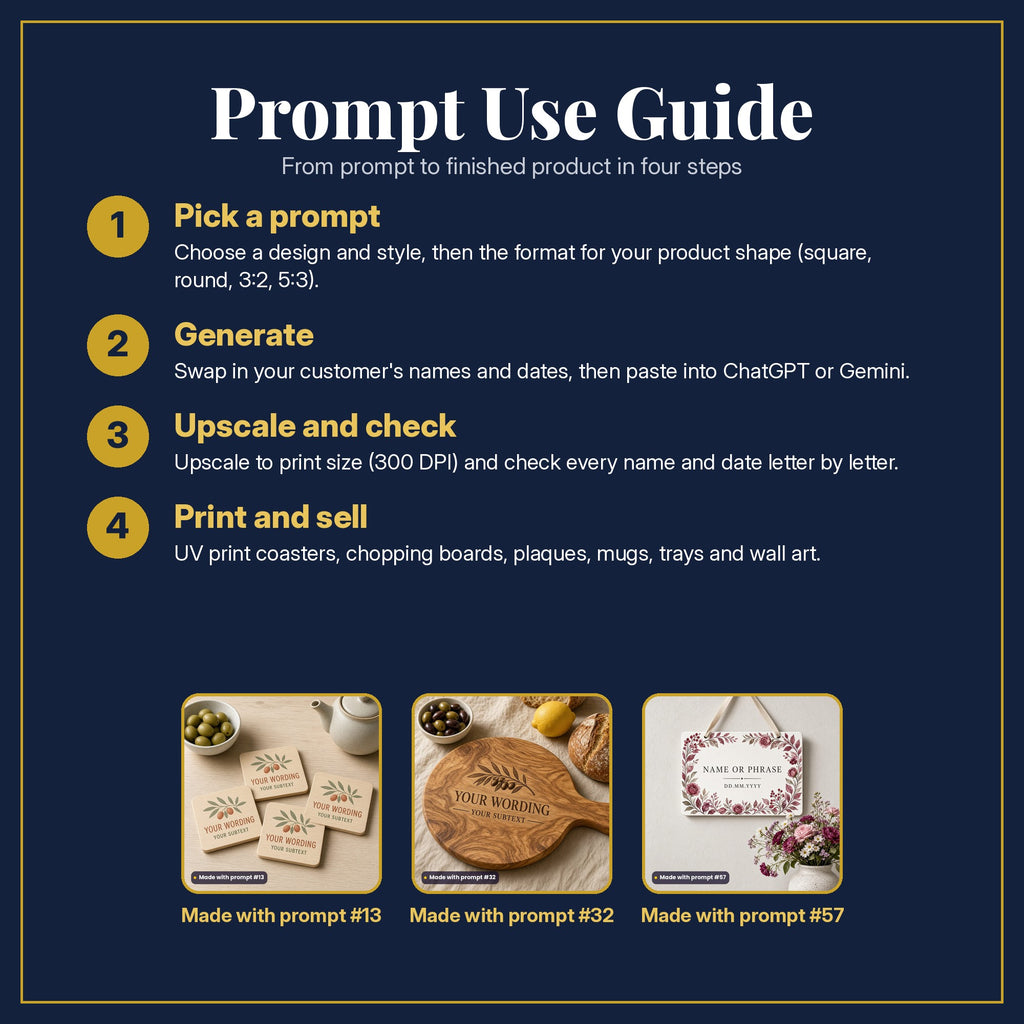 Prompt Use Guide in four steps: pick a prompt, generate, upscale and check, print and sell, with example products made with prompt #13, prompt #32, prompt #57