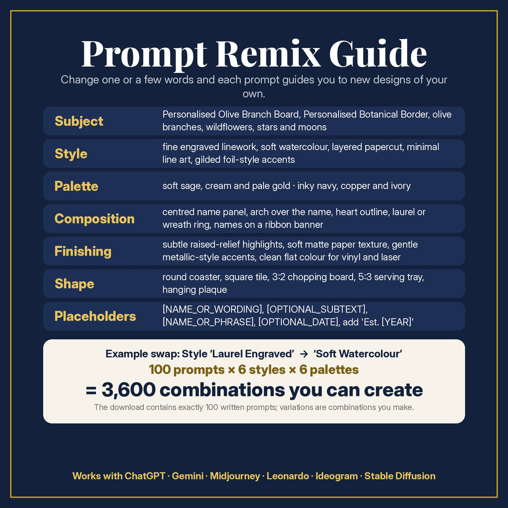 Prompt Remix Guide: change subject, style, palette, composition, finishing, shape and placeholders; 100 prompts × 6 styles × 6 palettes = 3,600 combinations you can create