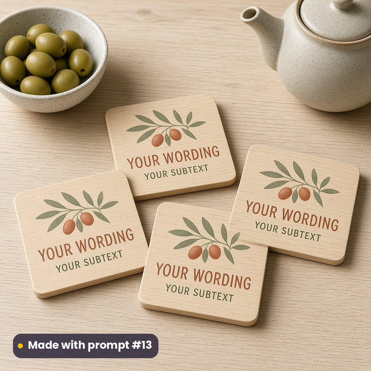 Four square beech coasters printed in terracotta and sage with an olive branch above YOUR WORDING and YOUR SUBTEXT placeholder text, beside olives and a teapot, made with prompt #13